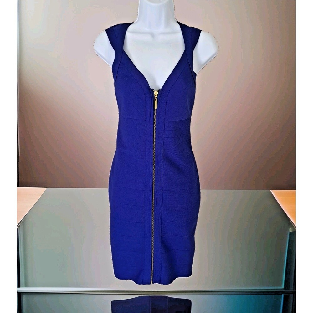 Charlotte Russe Scuba Dress M Blue Full Zip Front Plunging V Sleeveless Bodycon